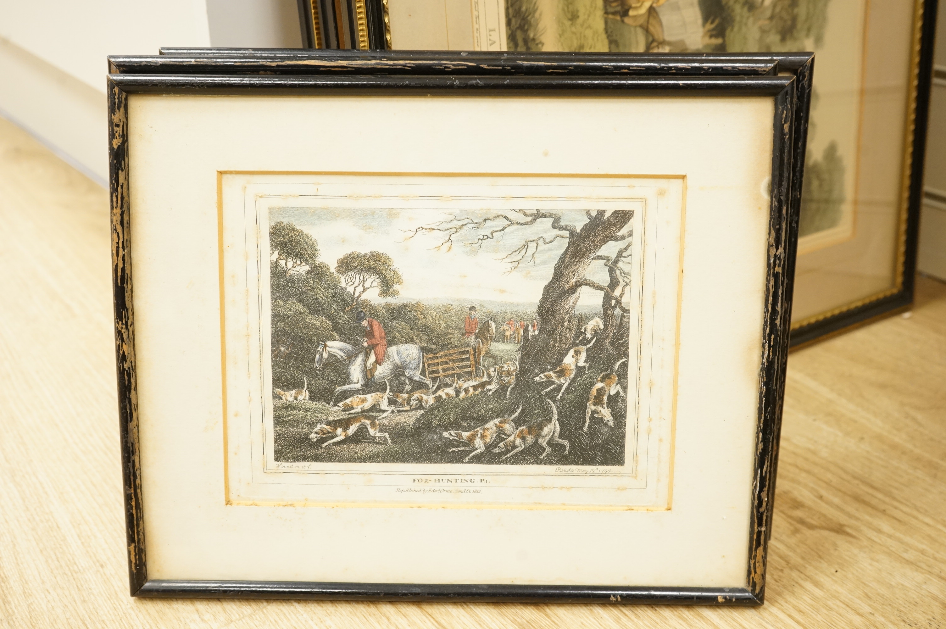 After Samuel Howitt (1756-1822), Fox hunting scenes, set of four colour prints, together with a set of five smaller examples after the same artist, largest 32 x 44cm